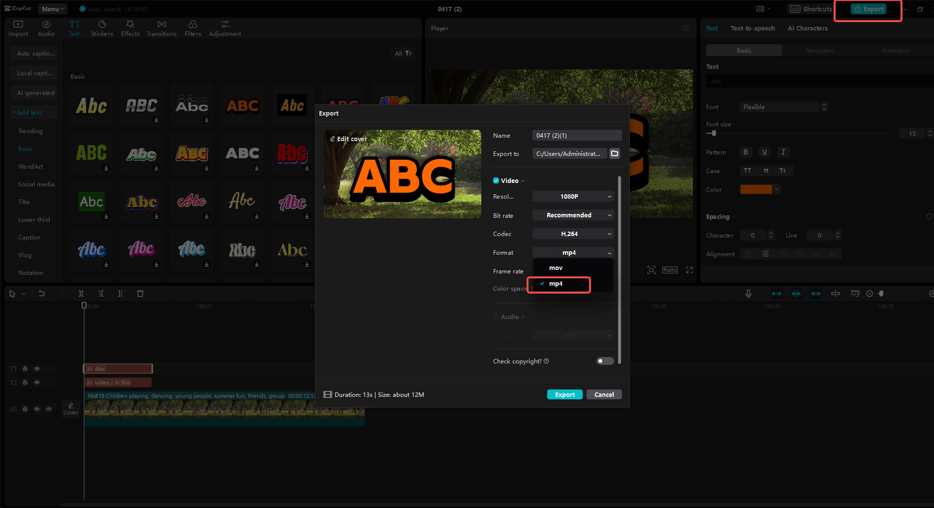 Easily save and export the MP4 file